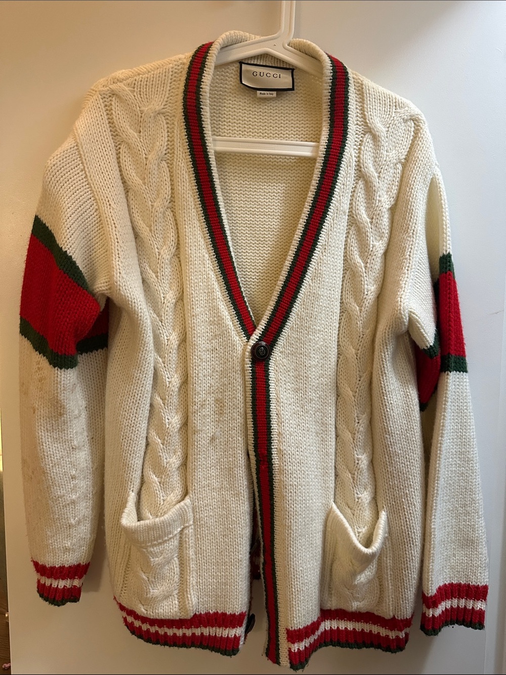 Gucci Cream Cable Knit Cardigan with Red & Green Stripe Trim